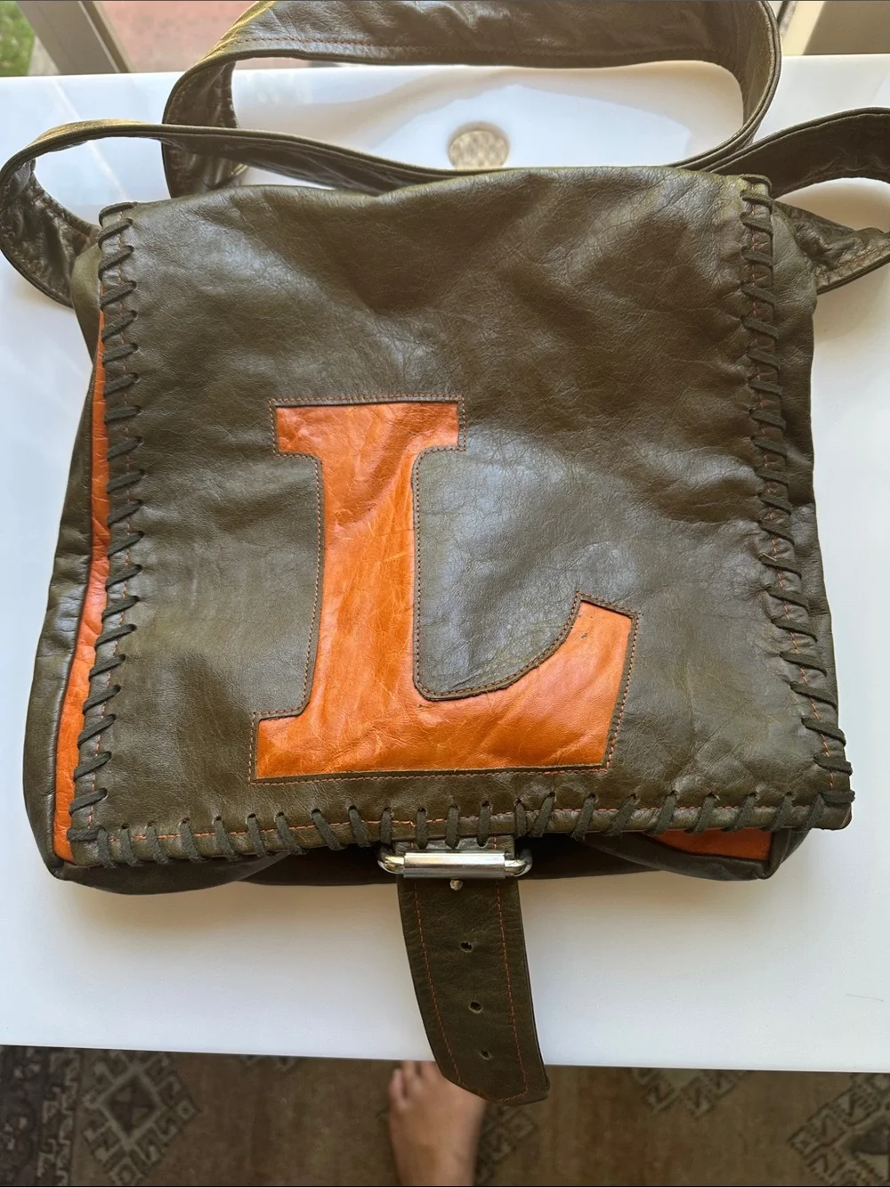 Sandra Lea Leather Messenger Bag with Orange 'L' Accent